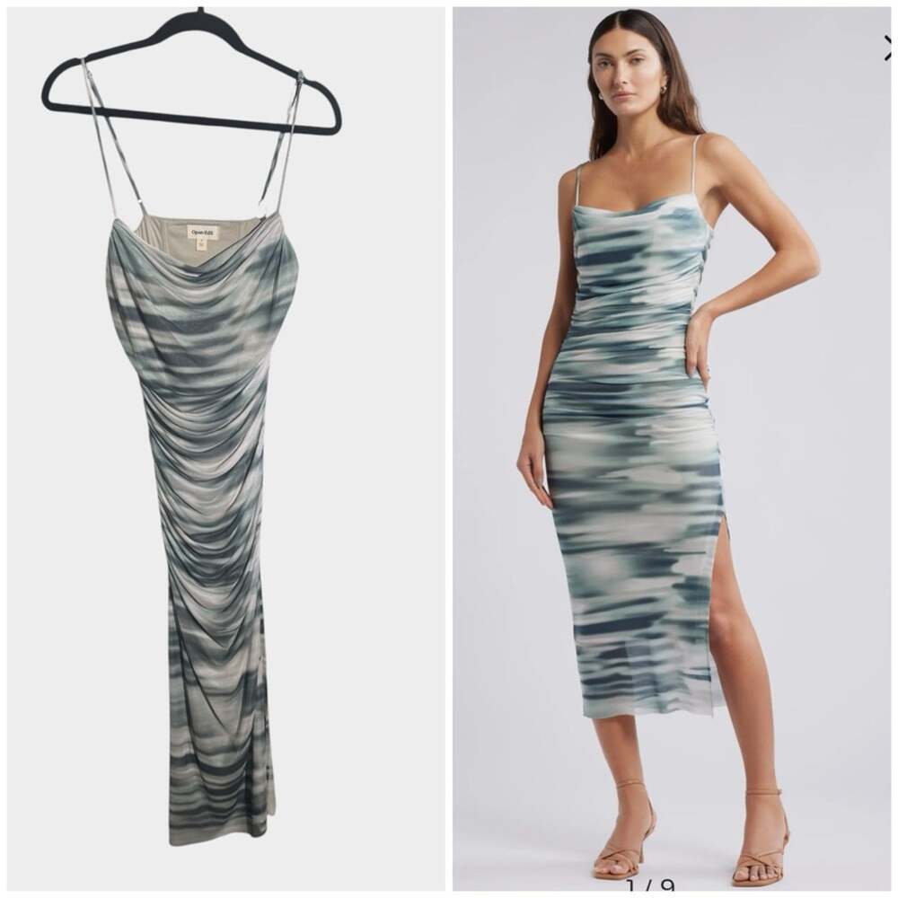 NEW Open Edit Shirred Mesh Midi Dress Teal Tie Dye, Size Small